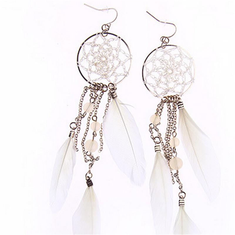 New Bohemia Ethnic Feather Beads Long Design Dream Catcher Earrings For Women