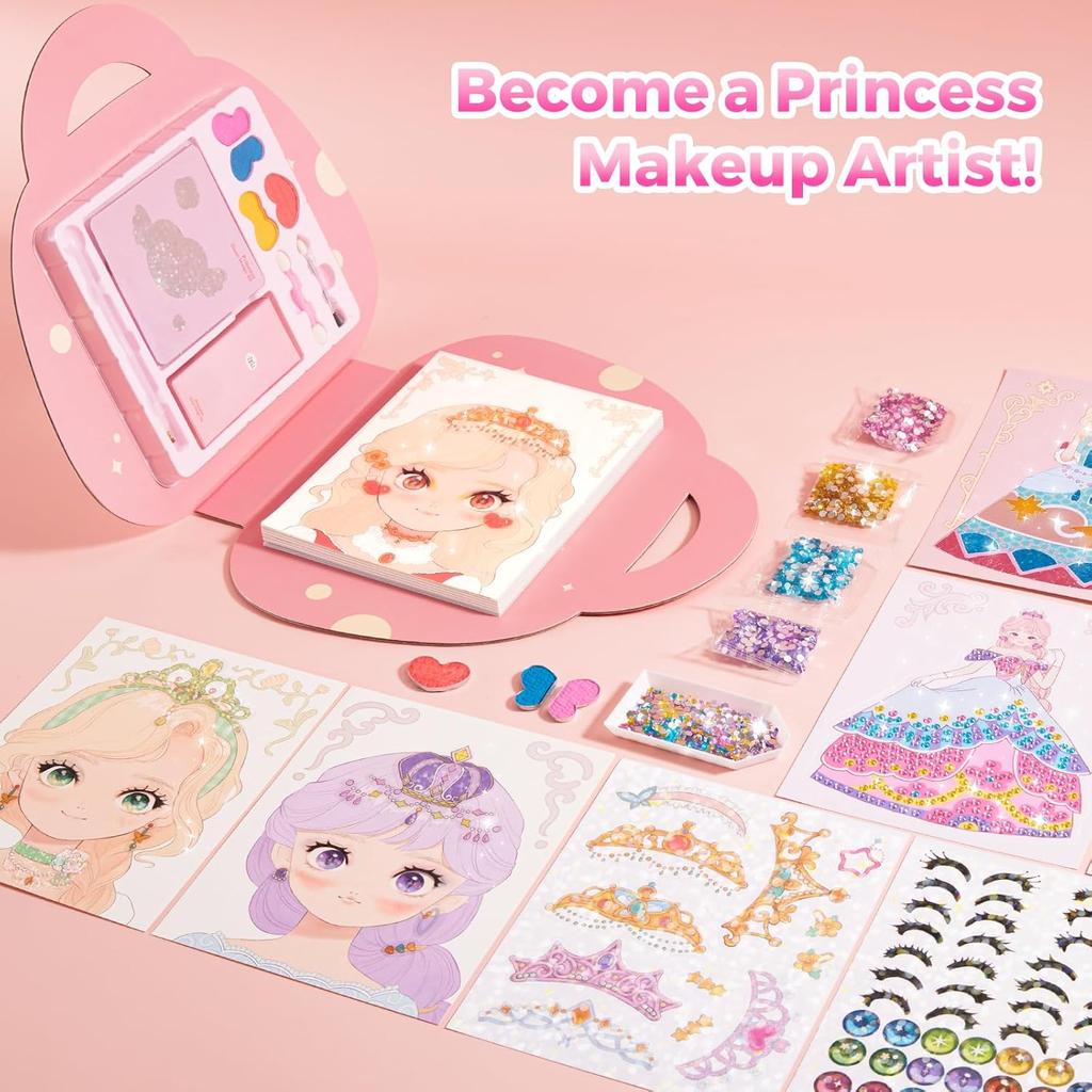 4 In 1 Princess Art Craft Kits, Foil Crafts Art Fun & Gem Painting, Makeup Diamond DIY Activity, Dress Up Sticker Books,Travel Toys, Ideal Toys for