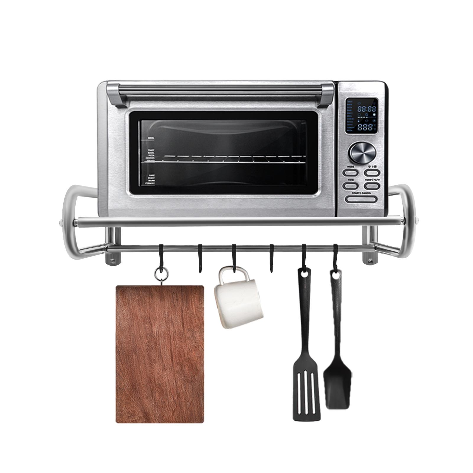 

2Tier Stainless Steel Kitchen Microwave Oven Rack Shelf with 6 Hanging Hooks, Counter Organiser Shelf Stand for Utensils Storage