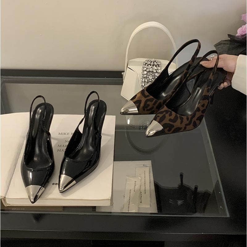 

Парк Цайин черная сумка голова тонкий каблук сандалии металл острый нос сексуальная лакированная кожа с открытой пяткой 10 см высокий каблук туфли-лодочки женские 39 цветной печати леопарда