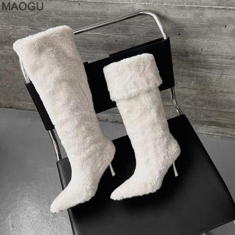 Winter Women Pointed Toe Fuzzy Plush Long Boots Knee-High Slip on White Cozy Faux Fur Lined Boots Fashion Thigh High Botas Mujer