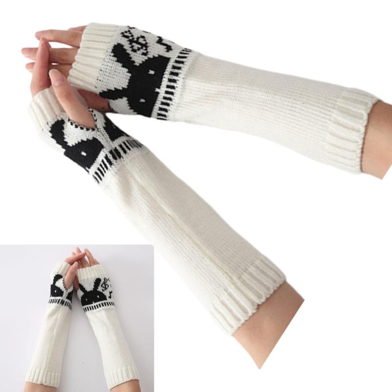 Womens Winter Warm Elbow Long Fingerless Thumb Hole Gloves Mittens Knitted Arm Warmer Cute Rabbit Fingerless Glove
