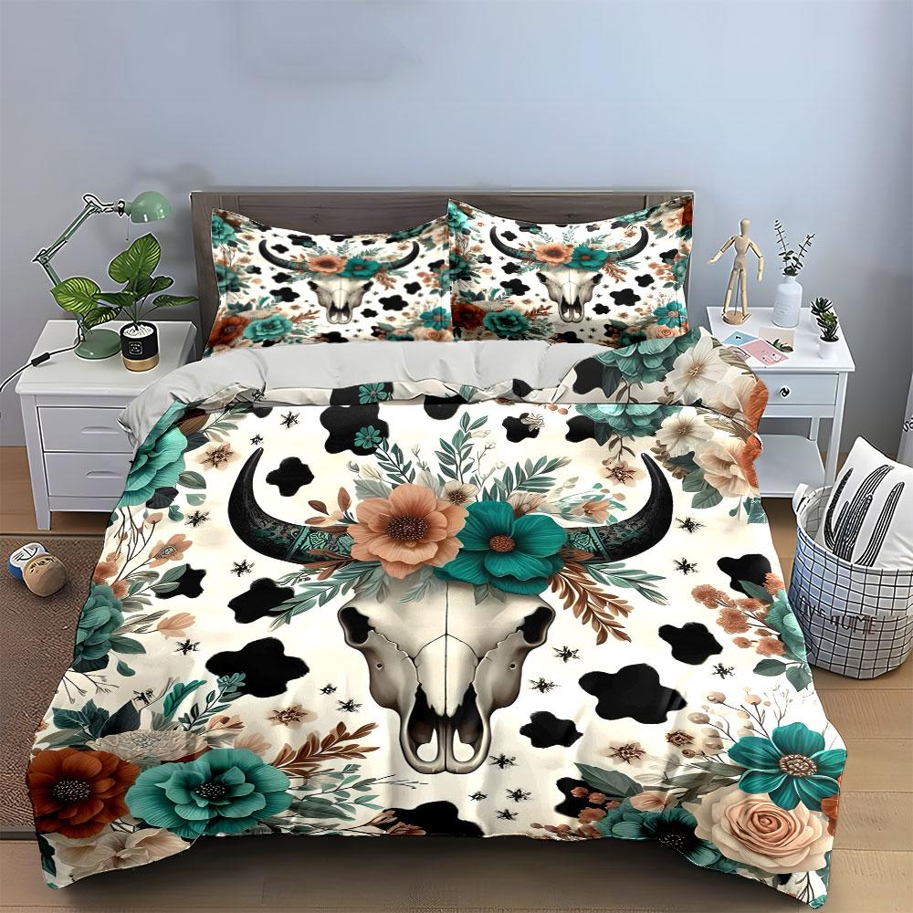 Floral Skull Western Decor Set Exquisite Three-Piece Bedding Set Gift For Kids And Adults