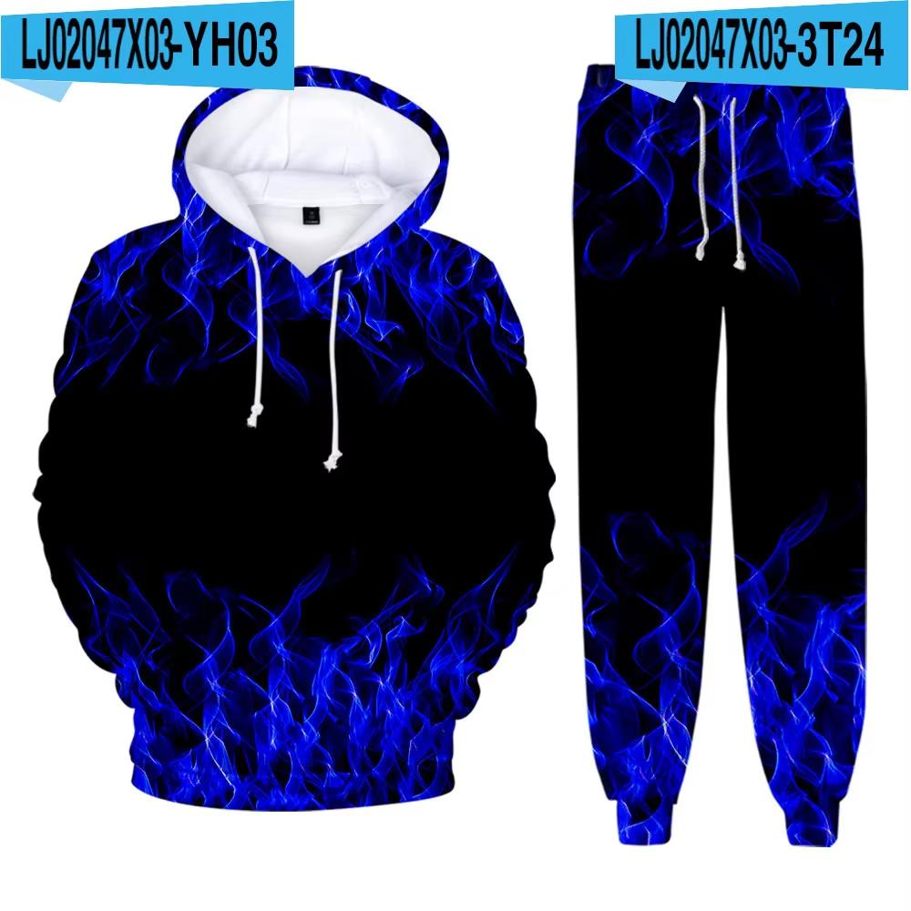 Men's Hoodie Pant Set Blue Flame 3d Print Sets Men Women Fashion Hoodie +Pants 2Pcs Sets Sports Casual Two Piece Tracksuit Suits