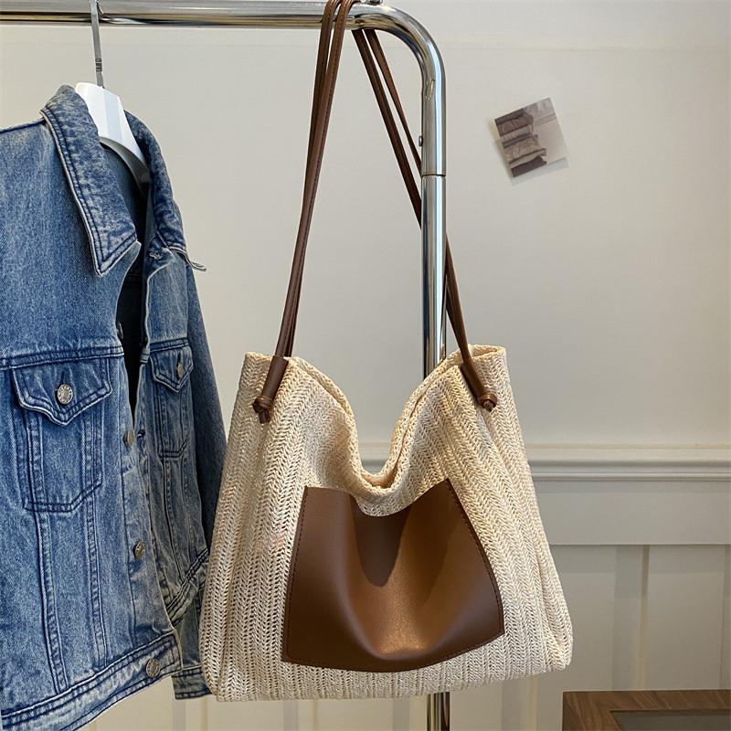 Vintage Woven Tote Bag With Pu Material And Large Capacity For Beach And Casual Outings