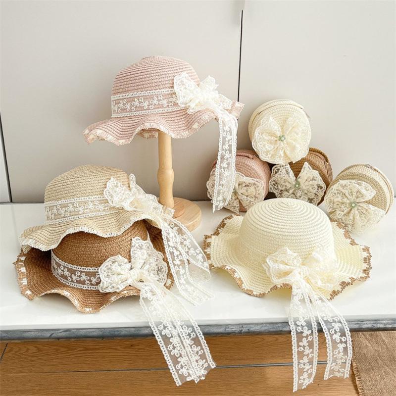 Kids Baby Girls Sun Hat And Straw Beach Bag Set with Elegant Lace Bowknot Trim Wide Brim for Vacation Beach Toddlers 2pcs