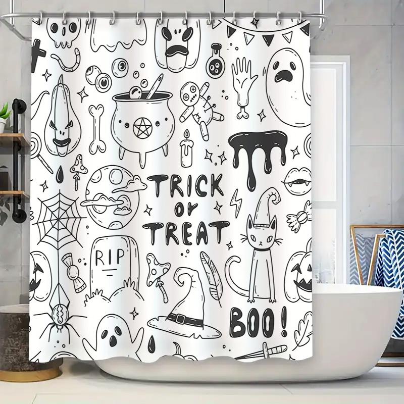 

Halloween Shower CurtainBlack and White Spooky Cartoon Print Decor for Bathtub Waterproof Fabric, 72x84 Inches (White) 90x180cm