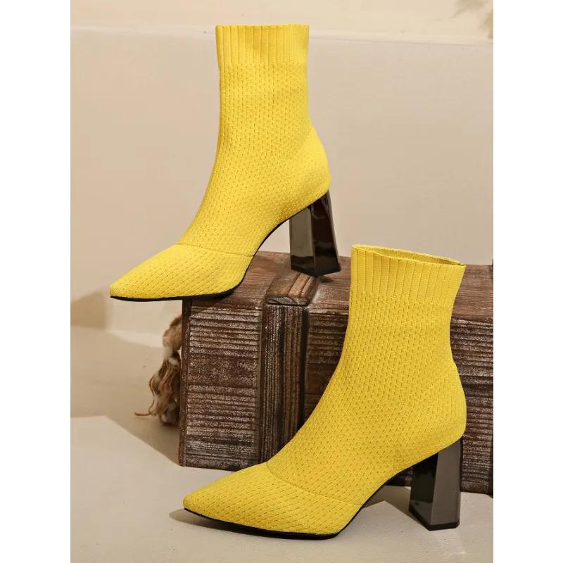 Women High Heels Ankle Sock Boots Knitting Pointed Toe Shoes Chelsea Pumps Boots 2025 Winter New Designer Chunky Zapatos Mujeres