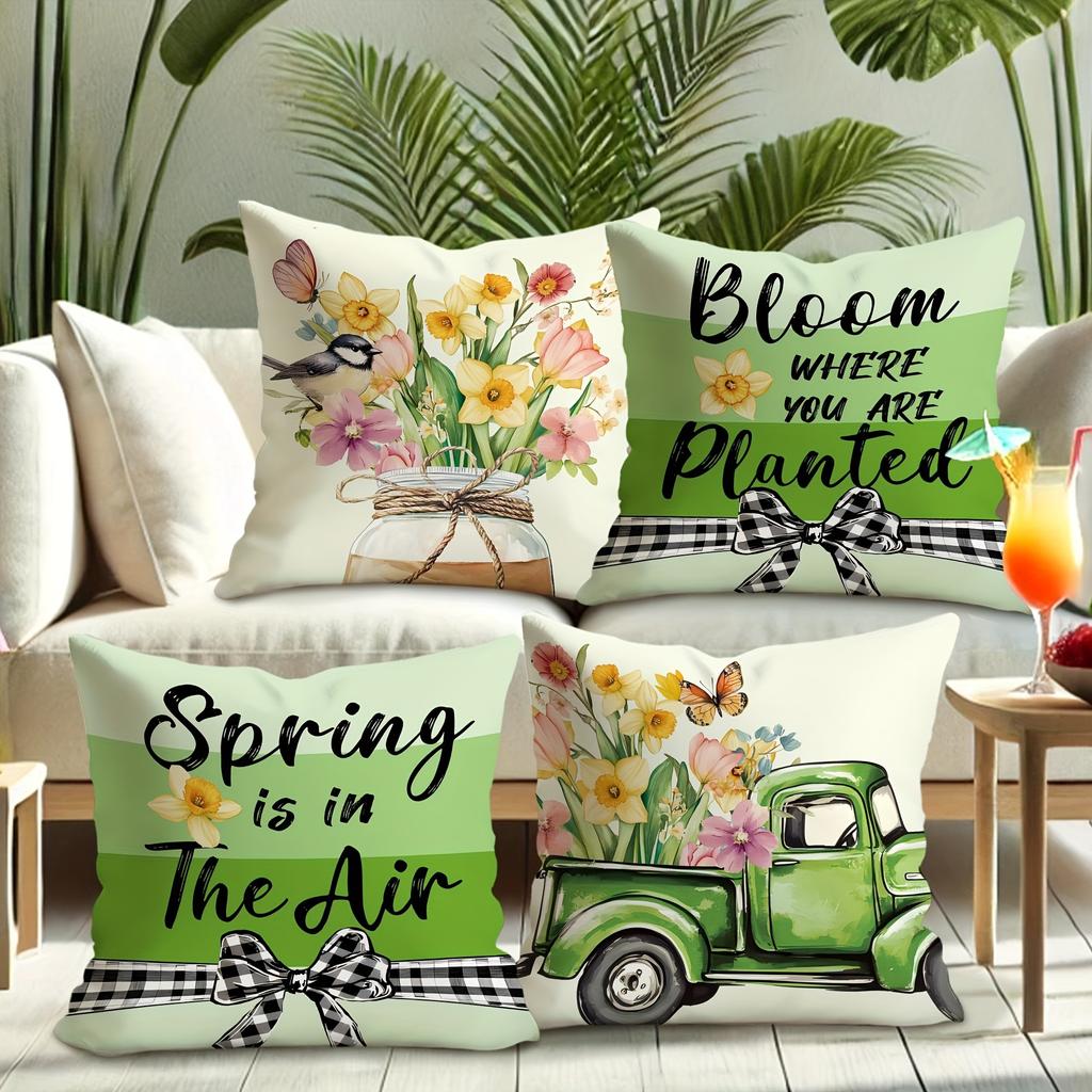 Charming Spring-inspired Pillow Cover: Floral Arrangements, Vintage Truck, and Uplifting Quotes, sofa Chair cushion cover