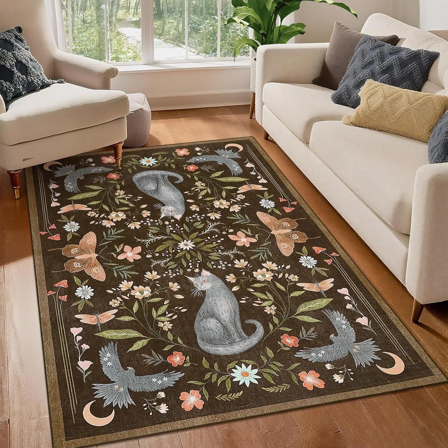 Boho Black Cat Floral Area Rug