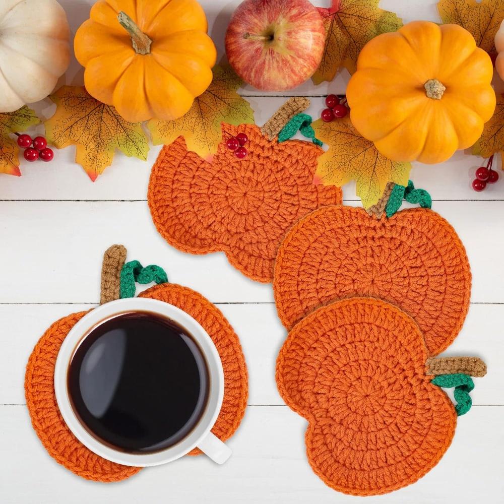Set of 4 Autumn Pumpkin Coasters Handmade Crocheted Pumpkin Coasters Perfect for Harvest, Thanksgiving, Halloween, Home, Kitchen