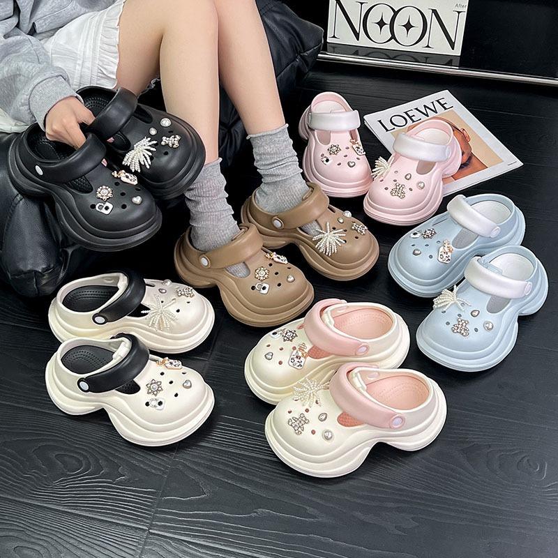 Height-increasing Hole Shoes Women's Summer Wear Non-slip Bear Pearl Flower Bag Head Hole Shoes Two-color Thick-soled Cool Slippers