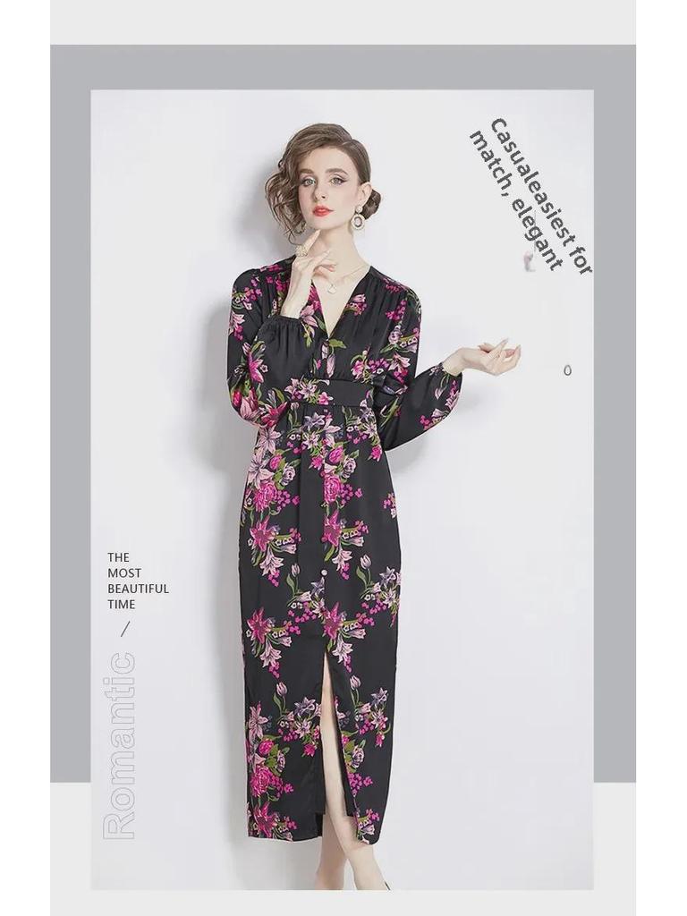 Elegantes Kleid mit Laternenärmeln und Print - Hochwertig, Leicht reifer Stil, Taillenbetont, Langer Rock für Frühlings- und Herbstabendgarderobe