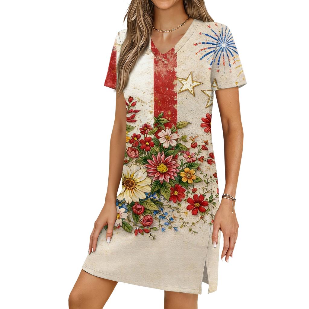 Women's Casual V-neck Short Sleeve Split Hem Independence Day Printed Dress