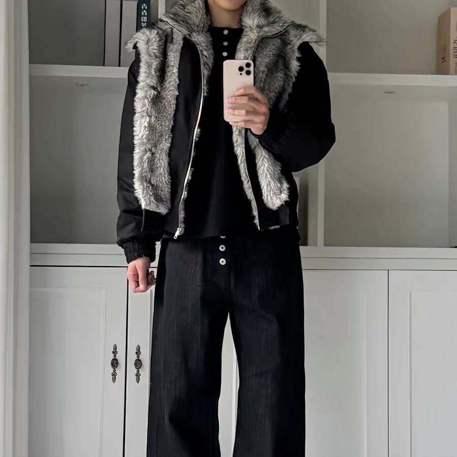 Giacca Spessa Stile Americano Aquila di Montagna per Autunno e Inverno con Collo in Pelliccia Sintetica - Vestibilità Larga Unisex, Design 2-in-1