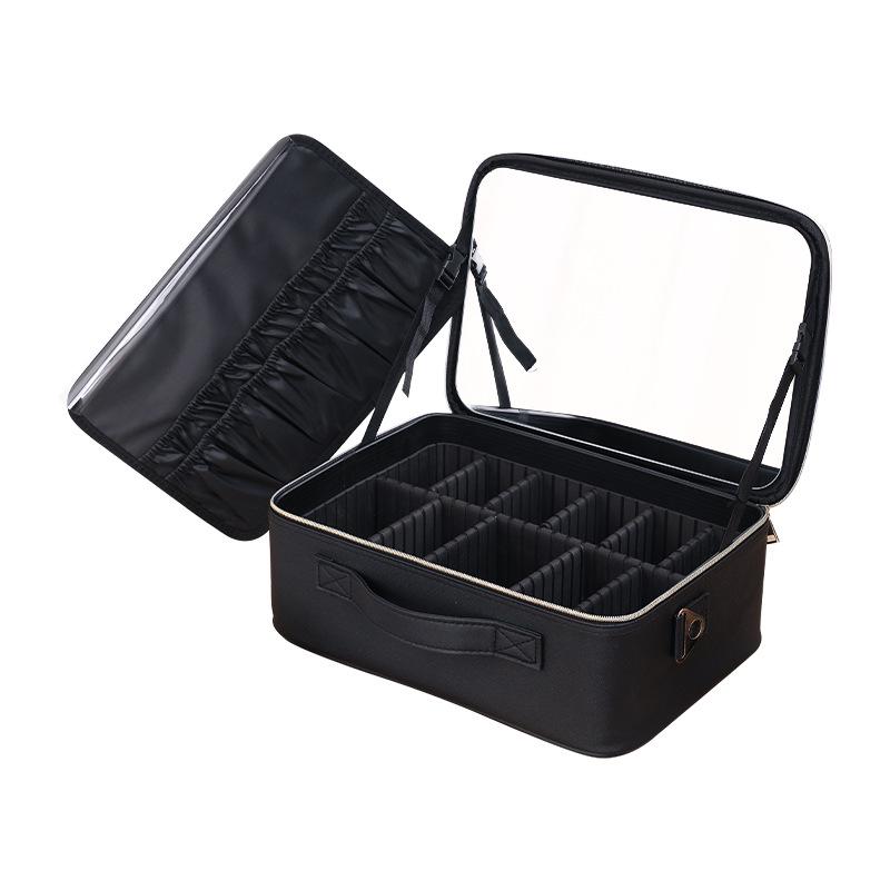 Black Heightened Cosmetic Bag with Mirror - Large Capacity Portable Handheld Storage Box