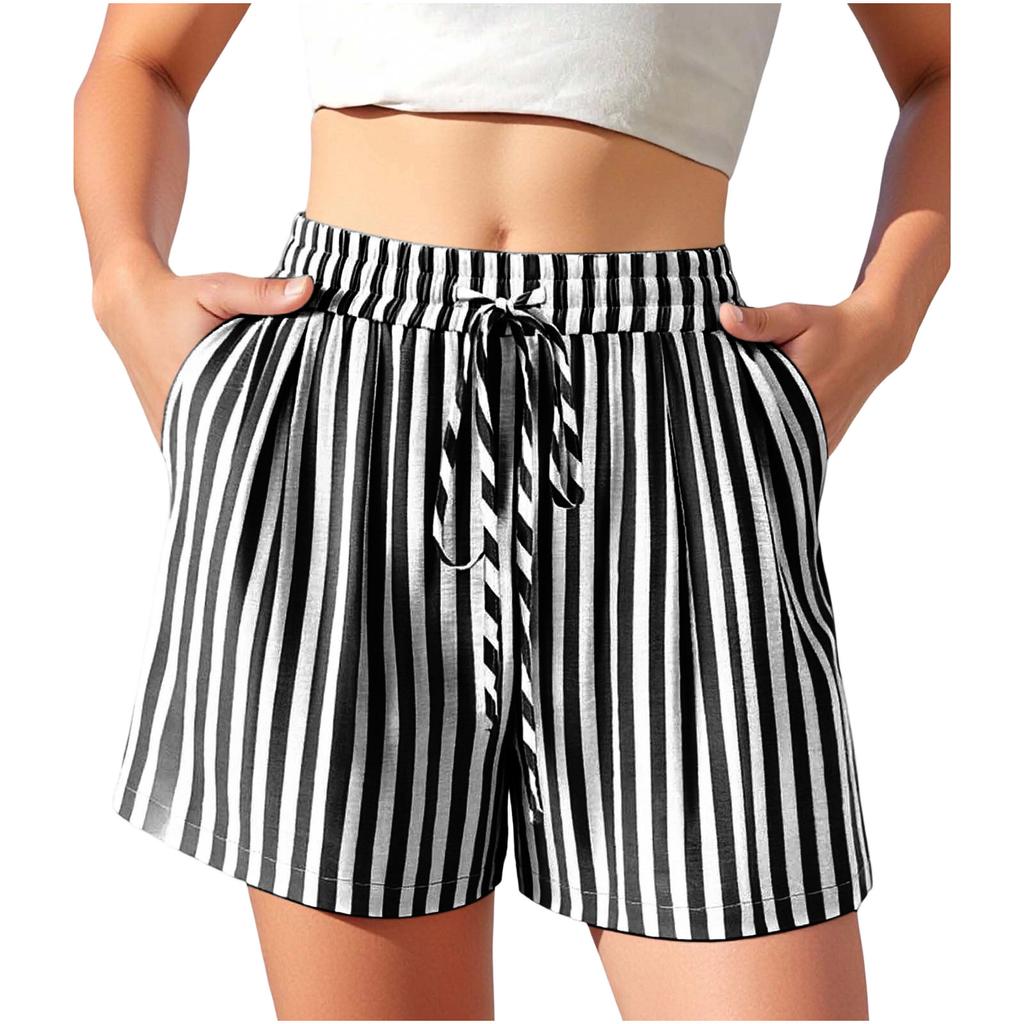 Women's Casual Fashion Striped Beach Vacation Drawstring Shorts with Pockets Lightweight Comfortable Summer Loose Fit