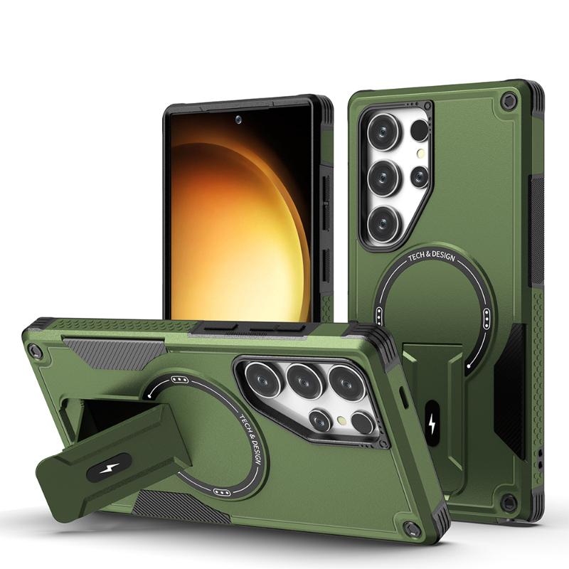 For Magsafe Magnetic Armor Shockproof Bracket Soft TPU+Solid Color Hard PC Phone Case For Samsung S25 Ultra S24 Ultra Plus Cover
