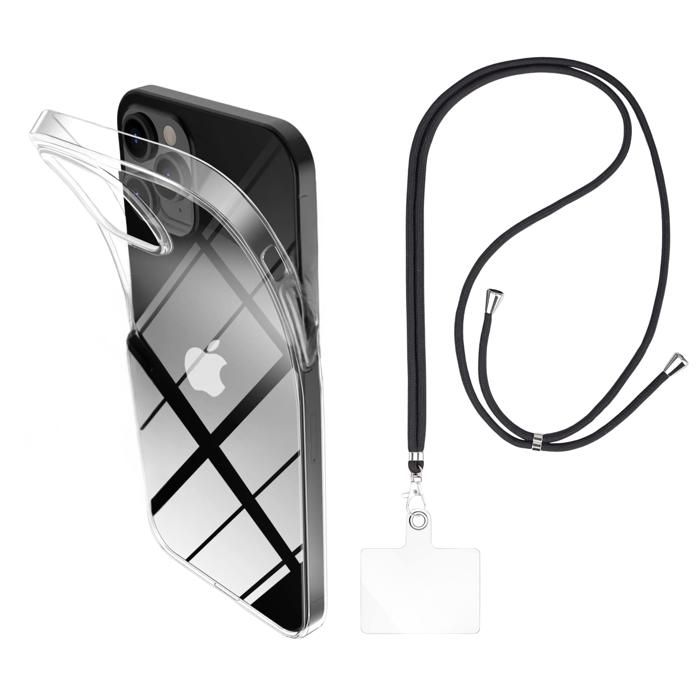 Coque et tour de cou pour iPhone 12 PRO MAX - TPU Souple Transparent Cordon Noir réglable Phonillico®