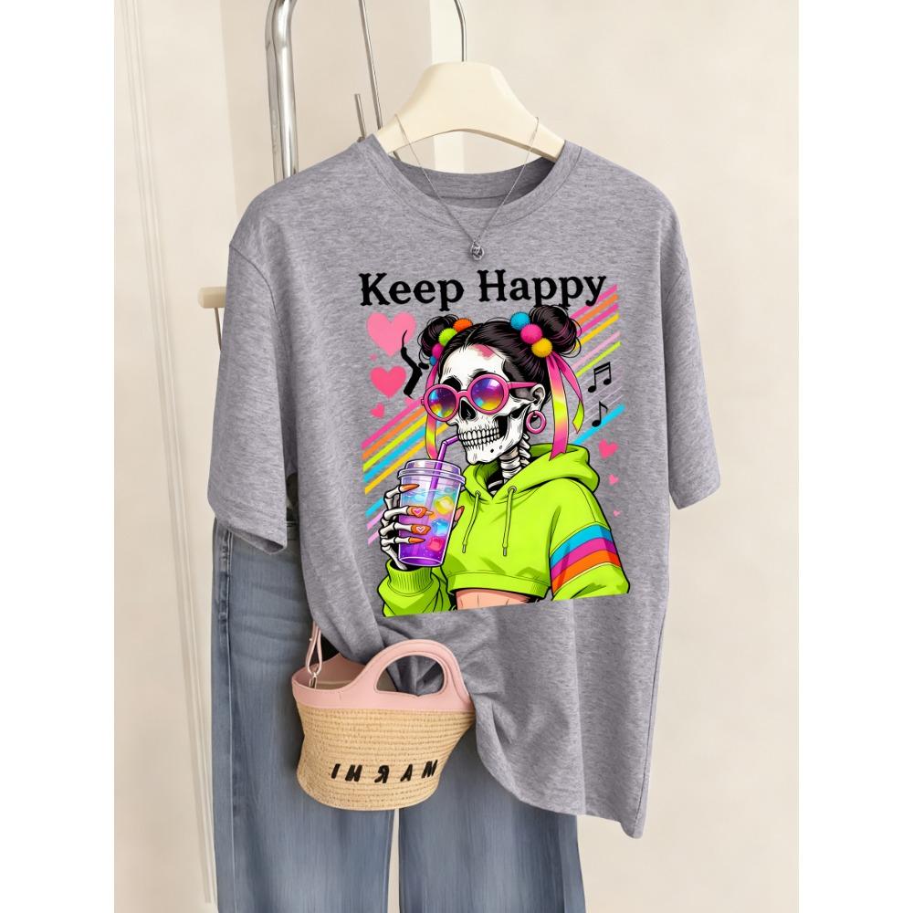 Keep Happy Colorful Drinks Skulls Print Women T Shirt Breathable O-Neck T-Shirt Sport Summer Clothes Multicolor Short Sleeve