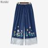Women Elastic Waist Loose Floral Embroidery Casual Pants