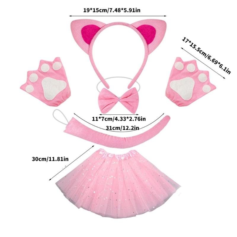 Cats Costume Set Includes Cats Tail Headband Bowtie Glove Skirt Halloween Catgirl Dress up Outfit for Kid Women Cosplay