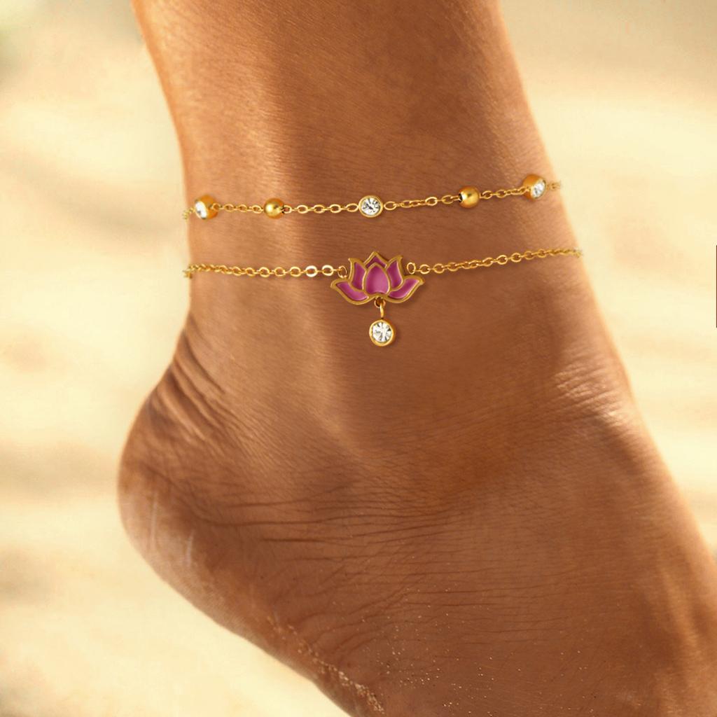 Multi Layer Zirconia Stainless Steel Chain White Pink Lotus Pendant Women's Fashionable Jewelry Gift Summer Beach Ankle Chain