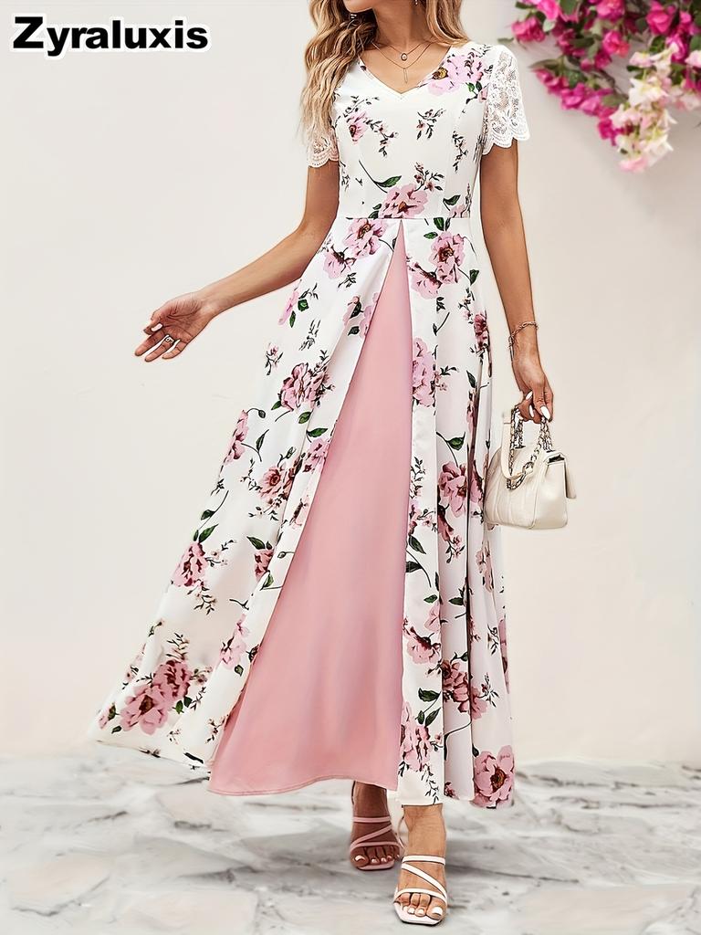 V-Neck Floral Printed Short Sleeve Ruched Long Dress for Women Elegant Maxi Dress