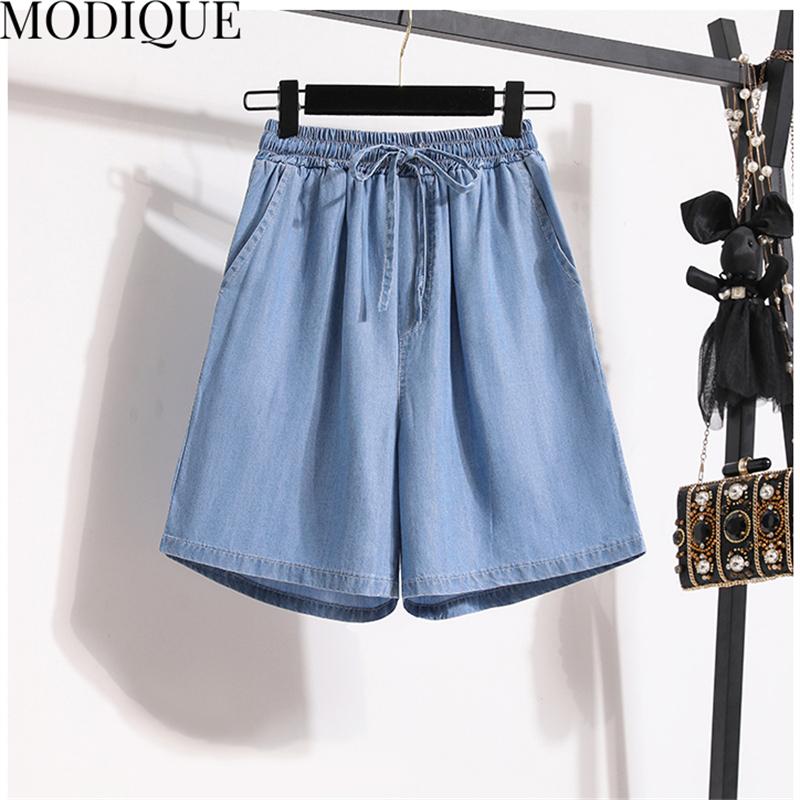 MODIQUE Women's Denim Shorts Summer Plus Size New Loose Casual Solid Color A-Line Denim Short Pant Female High Waisted Hotsweet Blue Trousers Blue