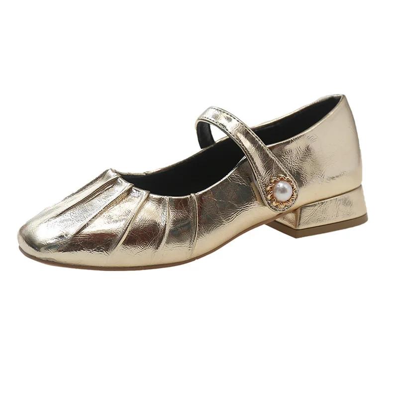 Mary Jane Shoes Glossy Leather Ballet Flats  Fashion Pleated Low Heel Single Shoes for Women Soft Sole Casual Shoes Size 44