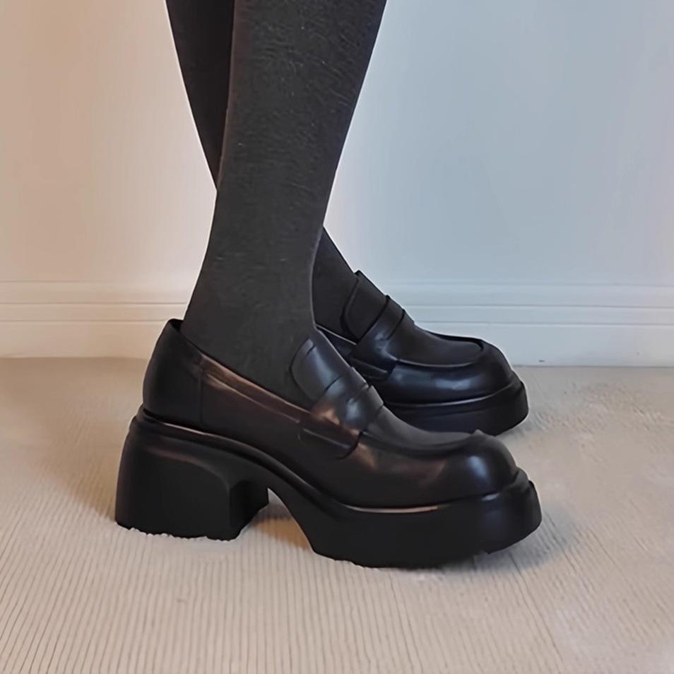 Leather Version~ Leather Heightened Platform Loafers Women's Black Round Head Thick Heel Single Shoes Retro British Style Small Leather Shoes