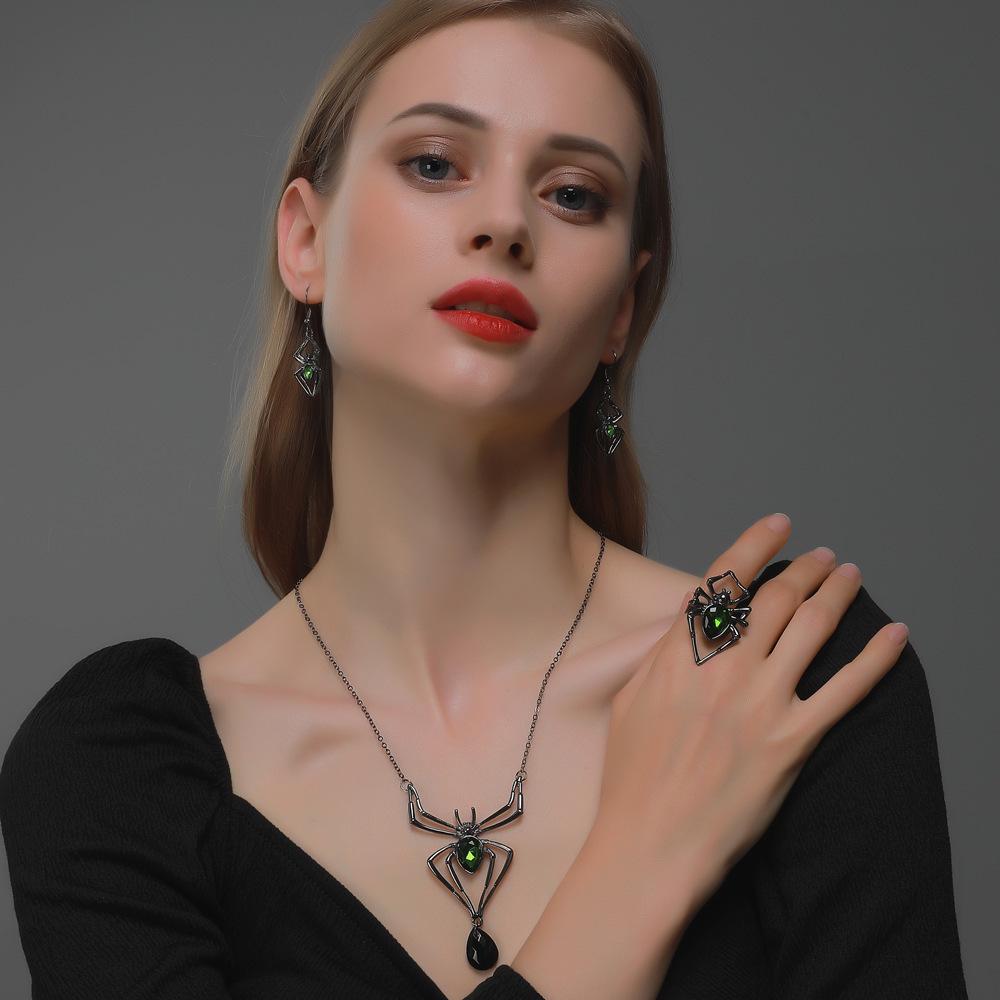 Halloween Vintage Smaragd Spinnen Schmuckset: Halskette, Ohrringe & Ring