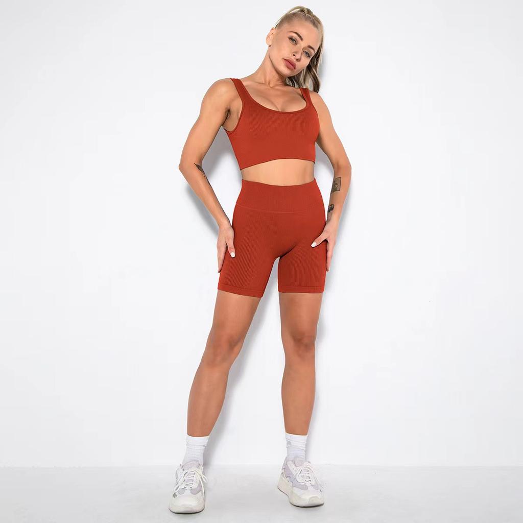 Nahtloses Strick-Sportgarn Einfarbiges Set Laufen Fitness Yoga Kleidung Zweiteiliges Set für Damen