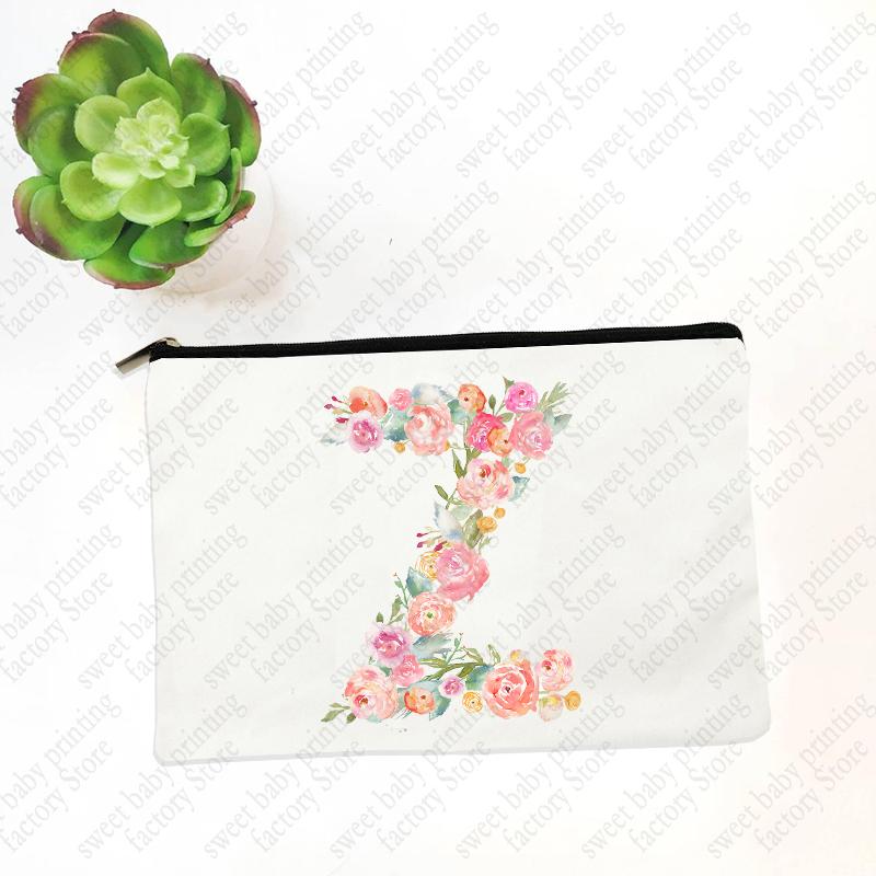 Initials Flower Women White Cosmetic Bag Travel Lipstick Bags Mujer Bolsas Bridesmaid Maid of Honor Makeup Bag Wristlet Clutch