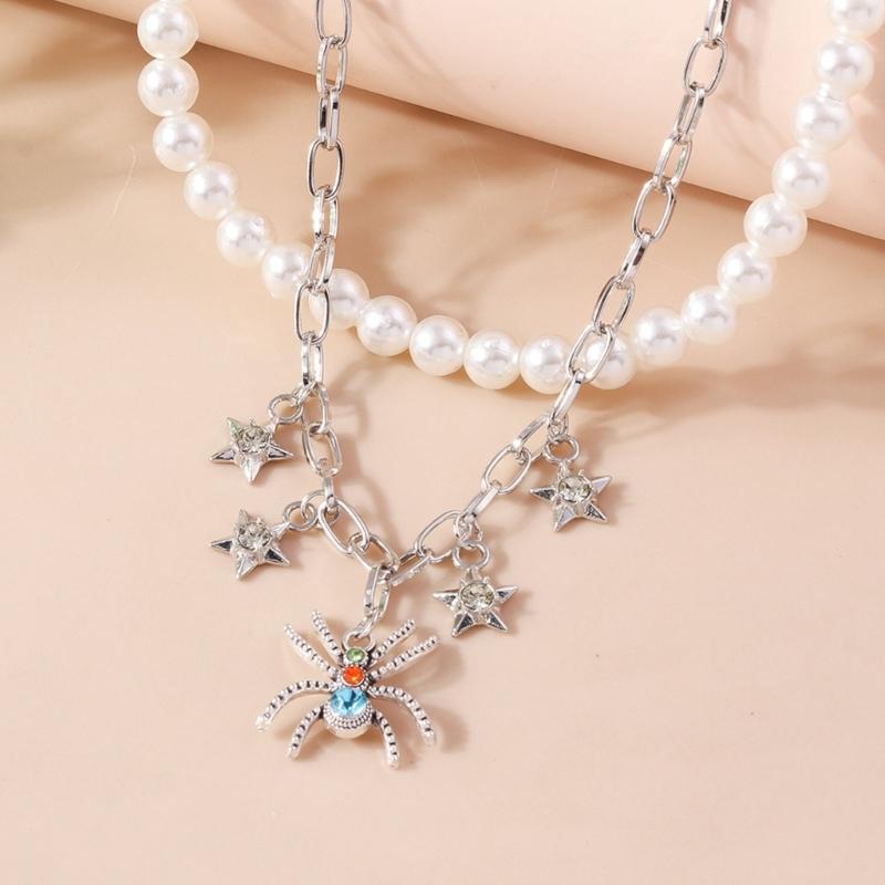 Pearl Layer Necklaces Link Chain Choker Unique Bat Star Pendant Clavicle Chain Personality Fringe Necklace for Women