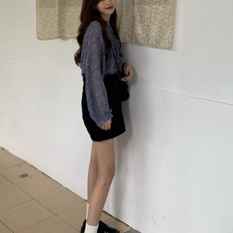 Spring  Autumn Women's Sweet Slim Chiffon Shirts Puff Sleeve Elegant Tops and Blouses Cardigan Blue Print Floral Blusas