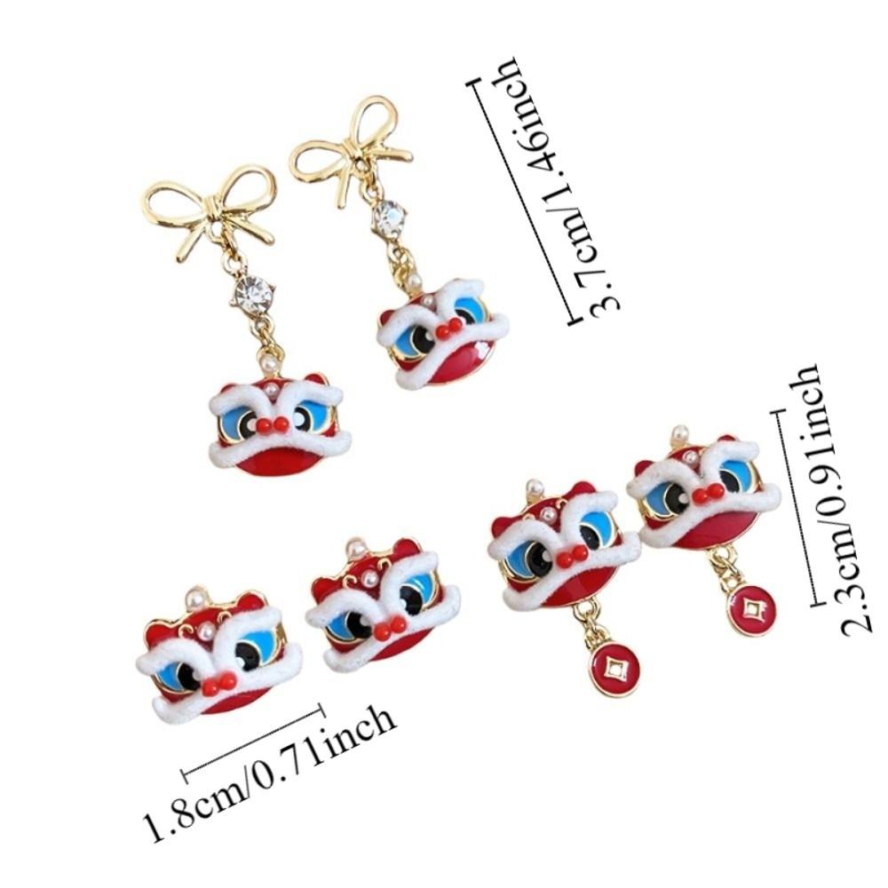 Year of Horse Lion Dance Ear Studs Awakened Lion Drop Earrings Bow Lion Dance Earrings  Wedding