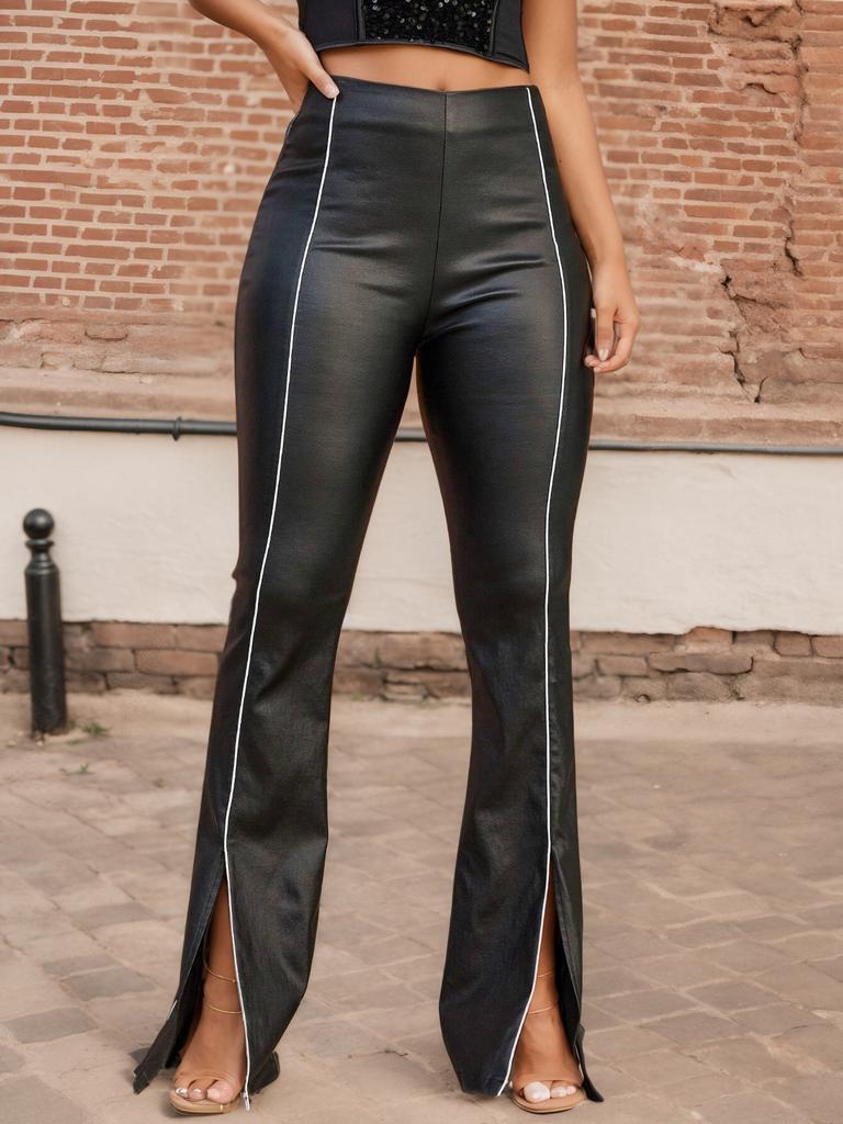 Spodnie Rose Beauty A Contrast Piping Split Hem ze skóry PU z rozszerzanymi nogawkami