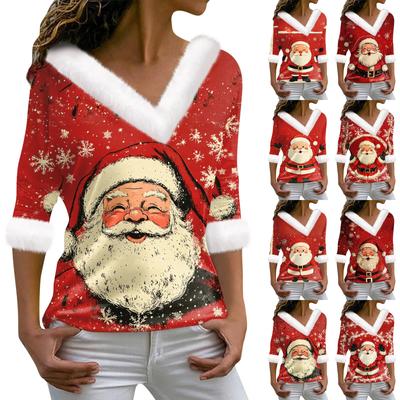Damen T-Shirt Tee Weihnachtsshirt Langarm Party Weihnachtsdruck Fleecekragen V-Ausschnitt Top