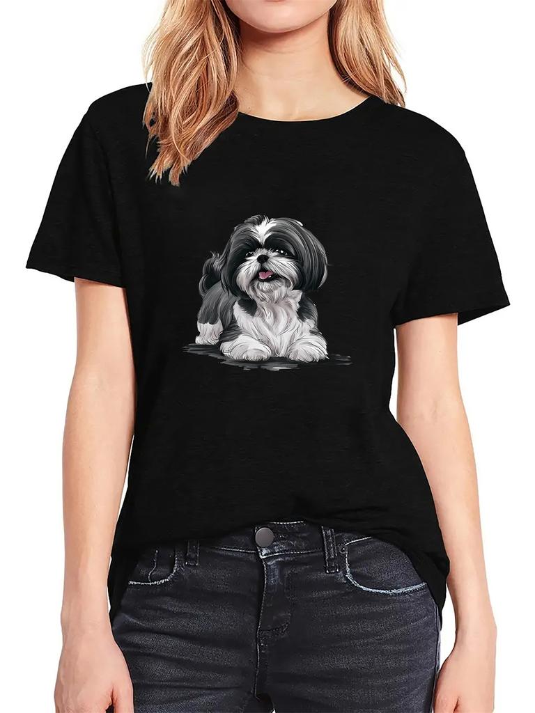 Women'S Casual Crew Neck T-Shirt with Shih Tzu Dog Print with Medium Stretch Knit Fabric Short Sleeve Tee for All Seasons