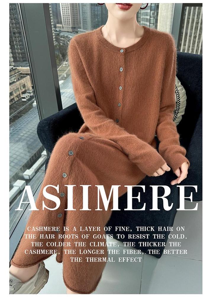 Women's Mink Cashmere Cardigan - Round Neck, Long Sleeve, Soft, Fluffy, Loose Fit, Mid-Length Knit Wool Sweater for Autumn/Winter.