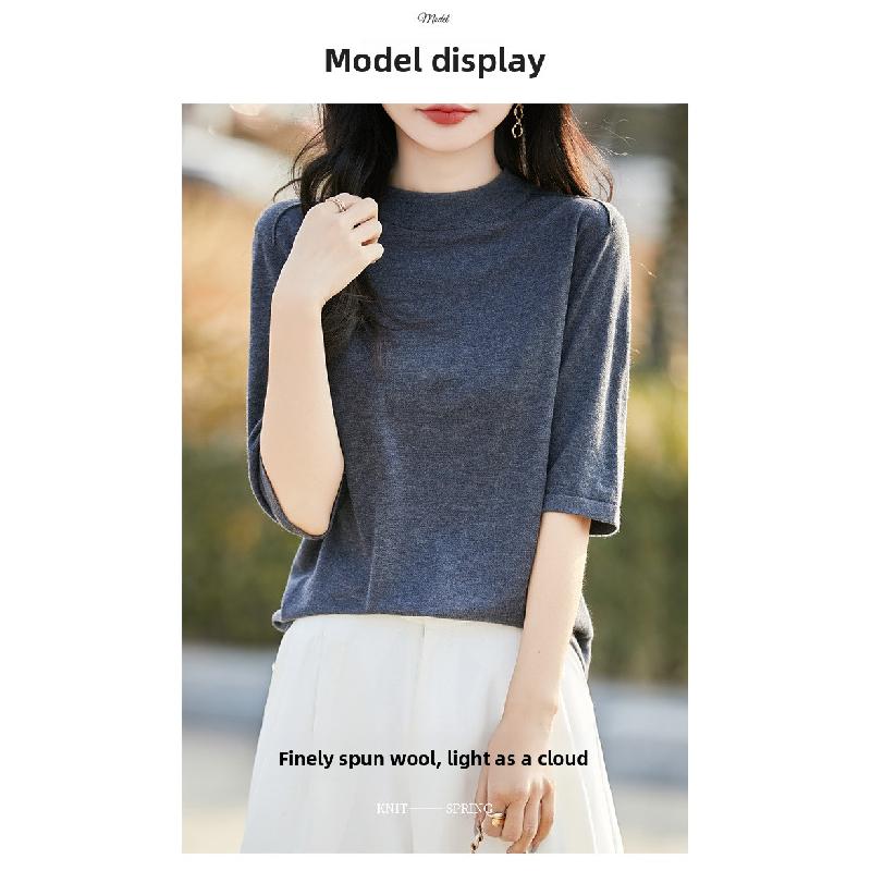 Half-high Round Neck Knit Short-sleeve Top, 2026 Spring-summer New Women's Solid Color Pullover Base Shirt
