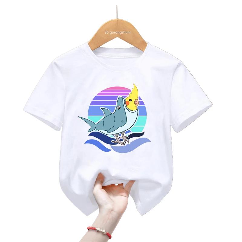 Sommar Tecknad Cockatiel Fågel Tryck T-shirt För Flickor/Pojkar Rolig Papegojfågel Barnkläder Kortärmad T-shirt