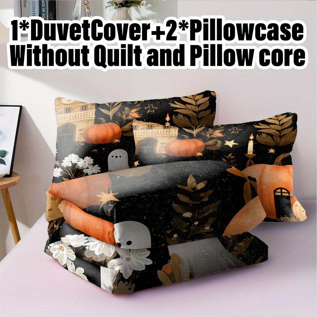 3pcs Halloween Pumpkin Monster Duvet Cover Set Without Core, Quilt Cover with 2 PillowcasesSoft and Machine Washable