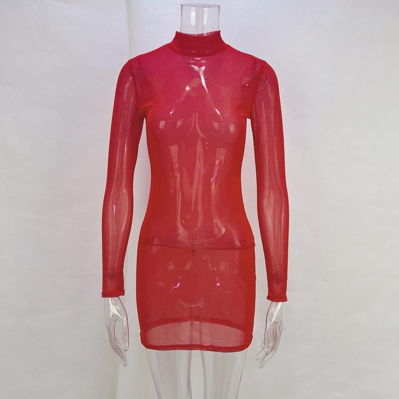 

Женские сексуальные прозрачные однотонные платья с длинным рукавом L красный
