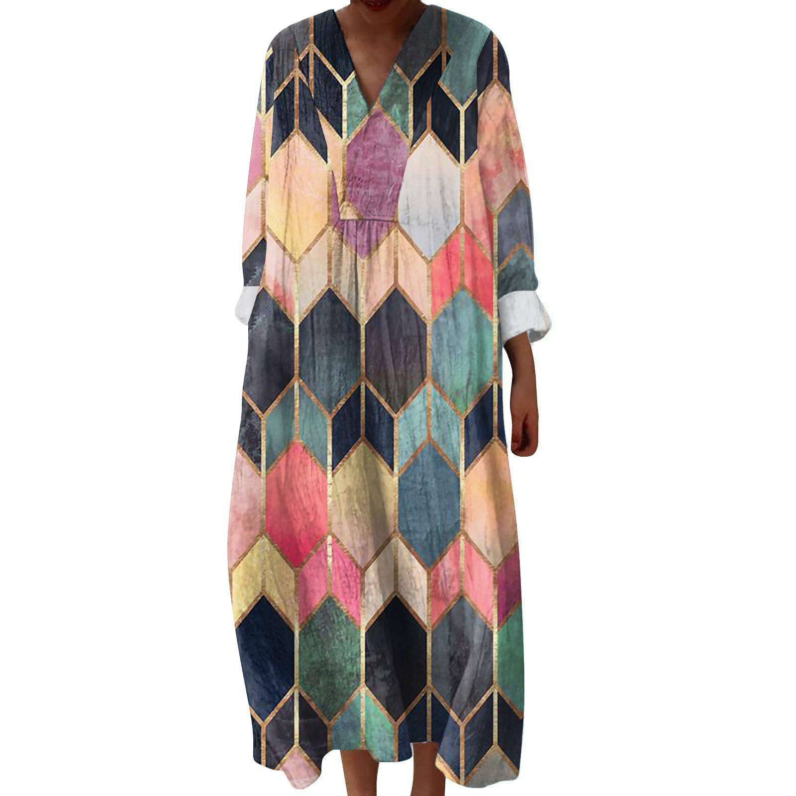 

Женское повседневное и модное платье с V-образным вырезом и принтом, с длинным рукавом XL розовый