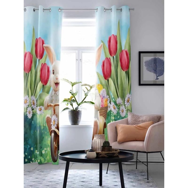 Easter Bunny Tulips Daisies Window Curtains for Living Room Bedroom Curtain Modern Kitchen Blinds Drapes Curtains