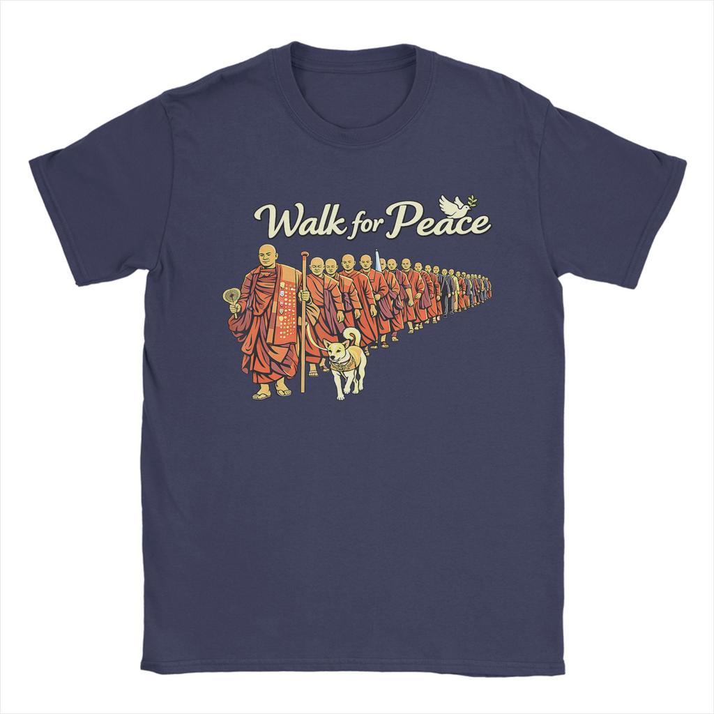 Retro Walk for Peace Monks with Aloka Dog Minimalist Zen Art TShirt Cotton T Shirts For Couple Tee Shirt ShortSleeve Top Tees