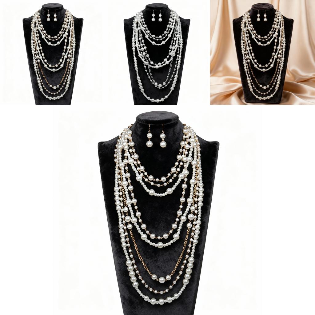 European Style Multilayer Pearl Necklace And Earring Set With Geometric Pendant For Women