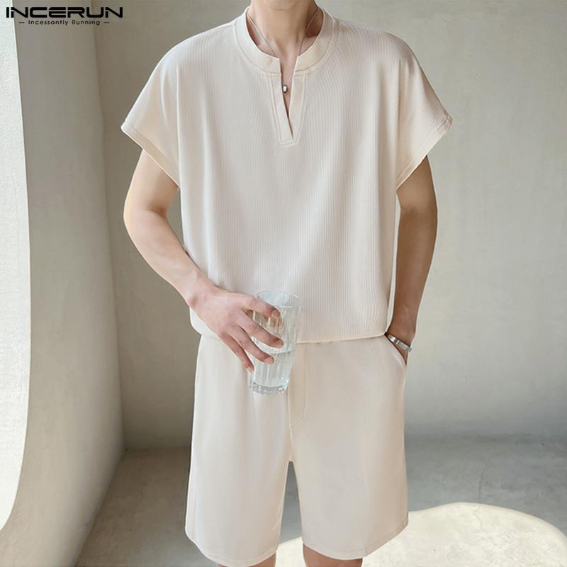 

INCERUN летние тонкие мужские комплекты из двух предметов, рубашки с короткими рукавами и шорты, пижамные комплекты, ночная рубашка, одежда для дома, повседневный костюм, большие размеры